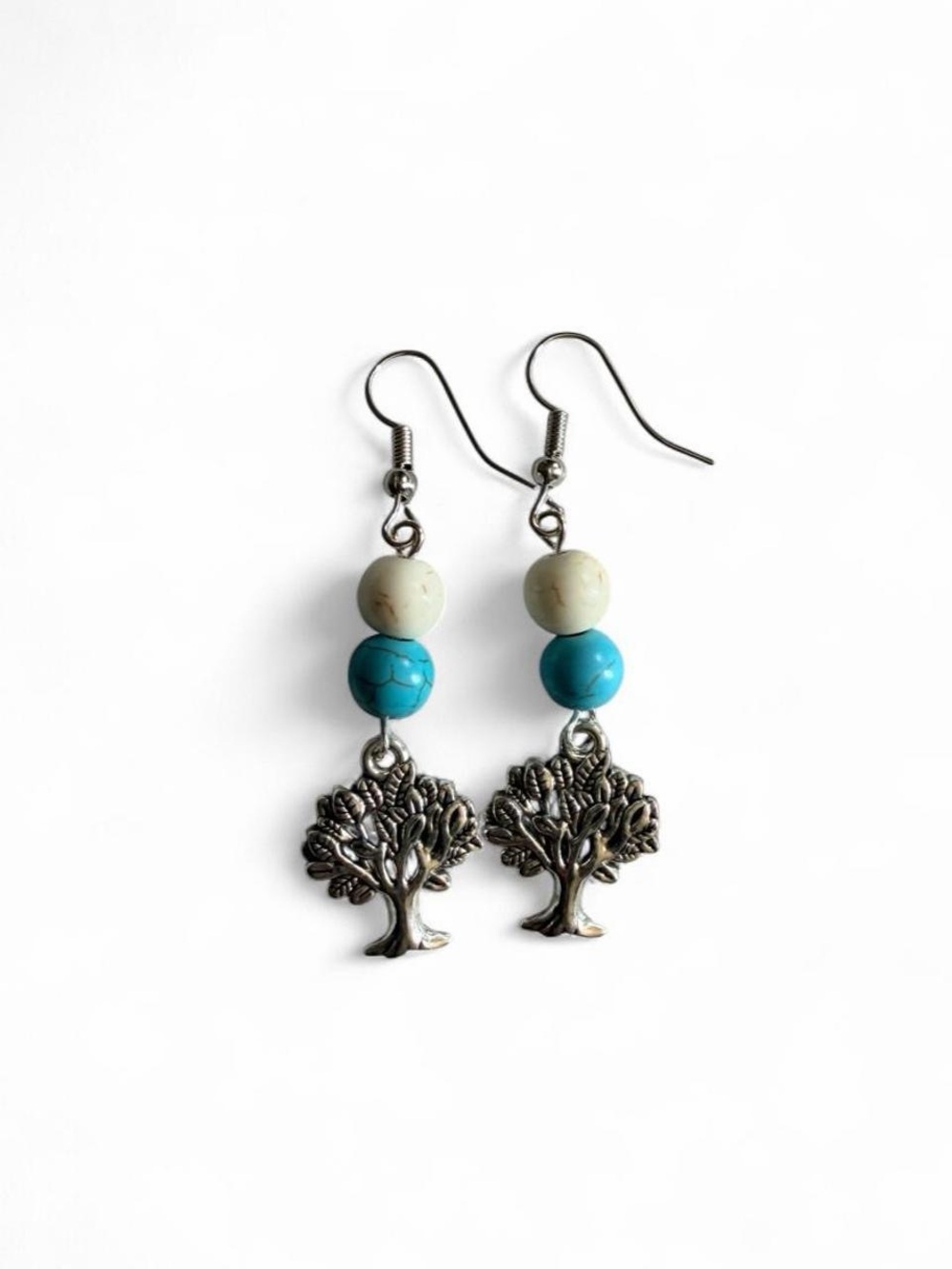 Tree of Life Dangle Earrings - White & Turquoise Bead